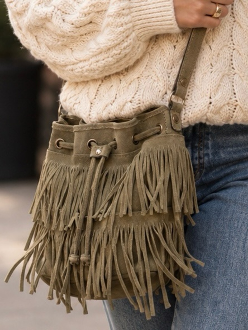 Patricia Nash Crossbody Boho Suede Fringe Bucket Bag Olive Green